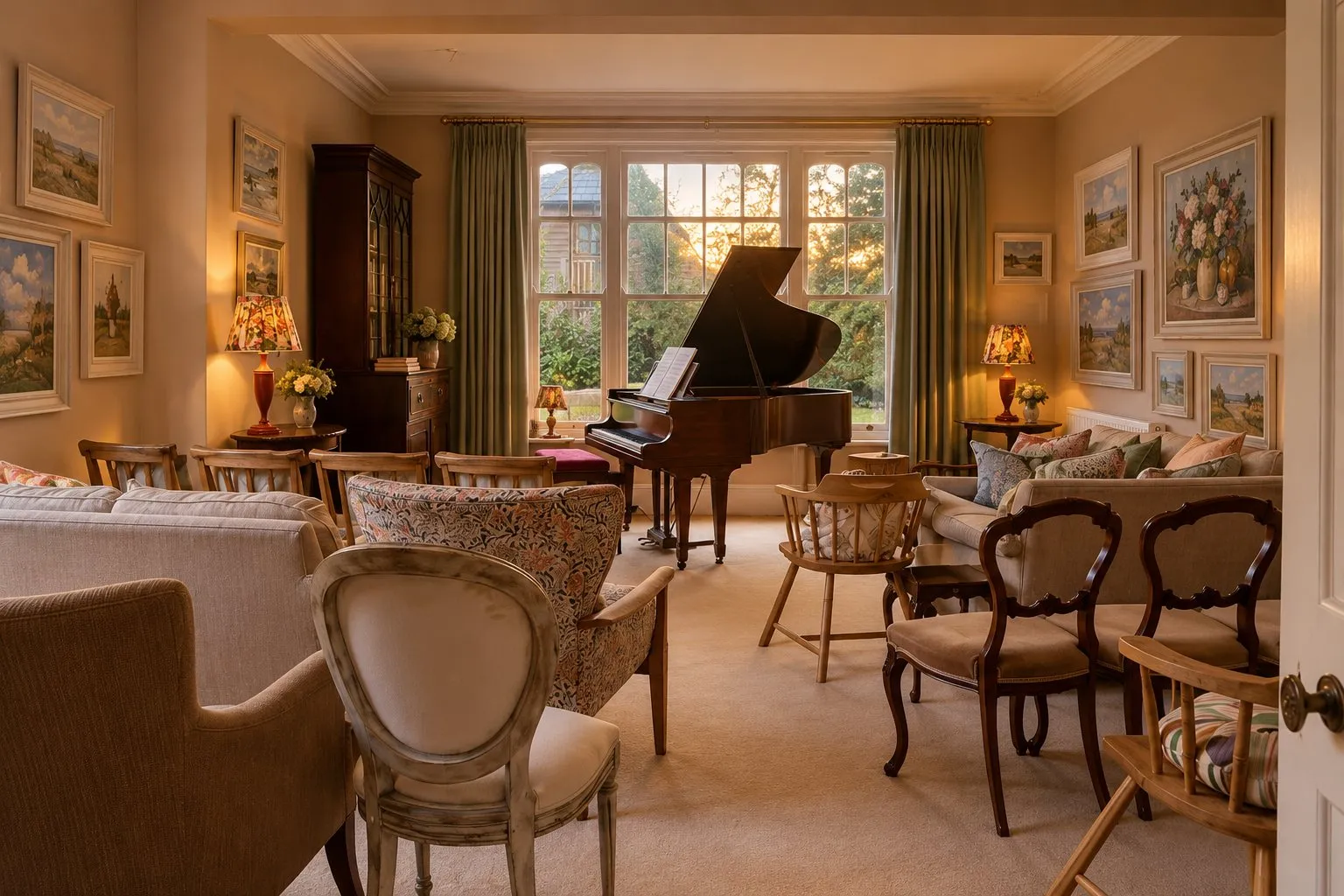 The living room at Goodworth House set out for a concert, with the grand piano in front of the garden window